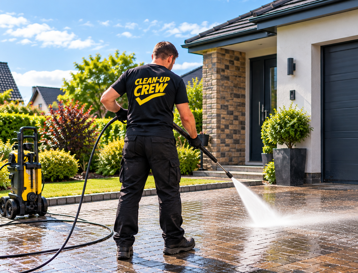 Illustrative image of a cleaner in a Clean-Up Crew T-shirt power-washing a driveway