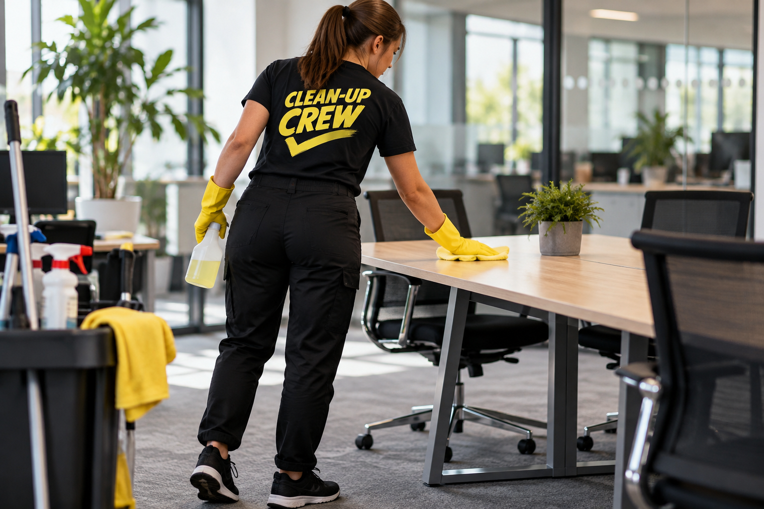 Illustrative image of a cleaner in a Clean-Up Crew T-shirt wiping a meeting-room table